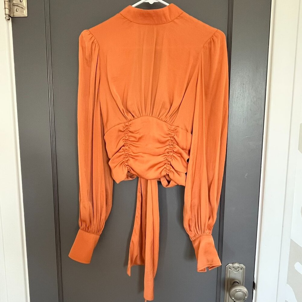Free People Rust Orange Open Back Satin Top Blouse Tie High Neck XS Extra Small